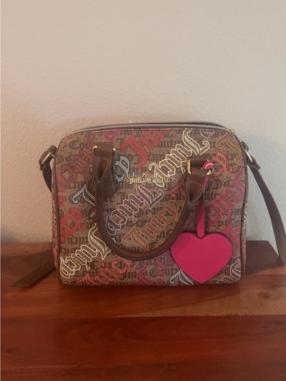 Juicy Couture Multicolor Logo Satchel with Brown Trim and Pink Heart Charm